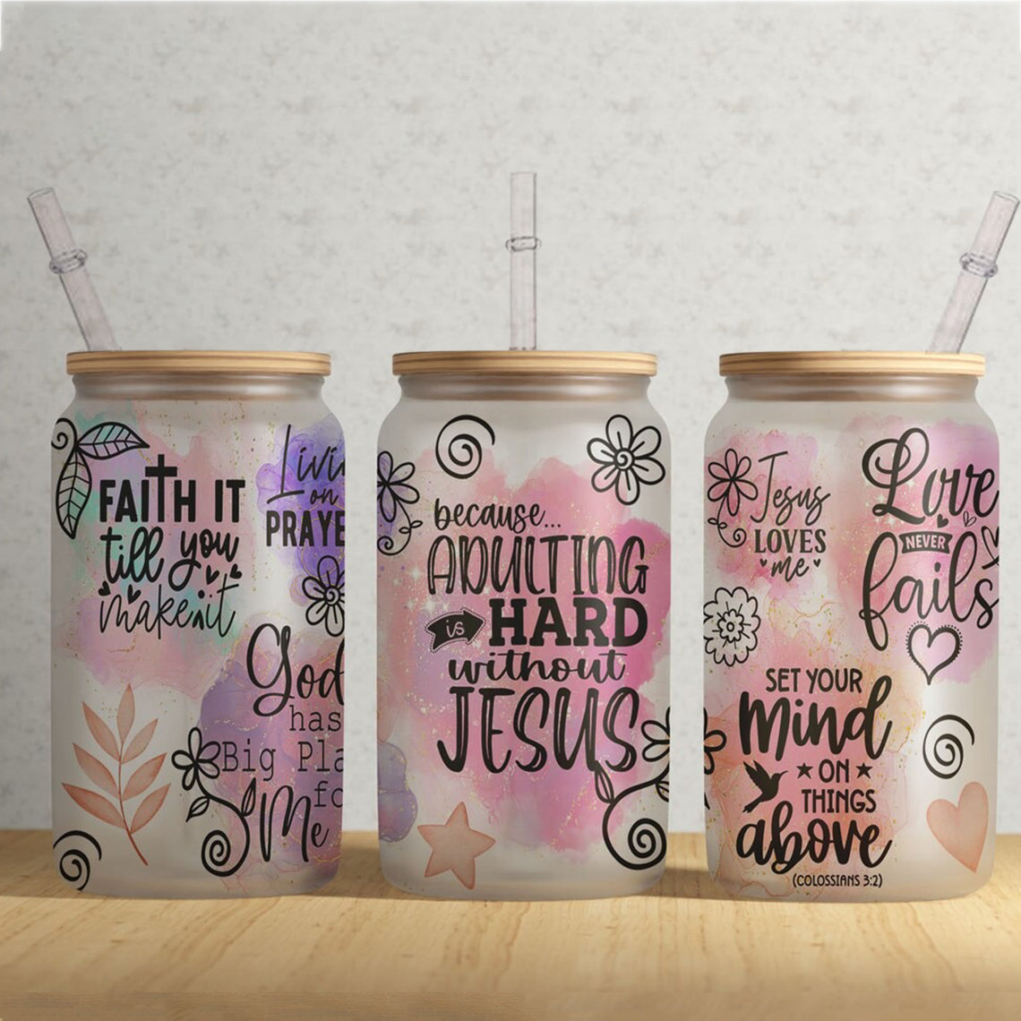 Faith It Till You make it Glass Can, Christian Frosted Glass Can, Clear Glass Can, Christian Gift. GCLAF03